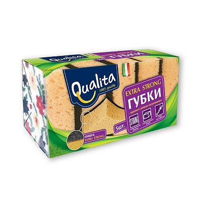 Губки для мытья посуды Qualita Extra Strong поролоновые 100×69×38.5 мм 5 штук в упаковке