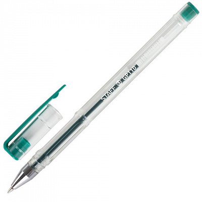Ручка гелевая STAFF, ЗЕЛЕНАЯ, корпус прозрачный, хромированные детали, узел 0.5 мм, линия письма 0.35 мм