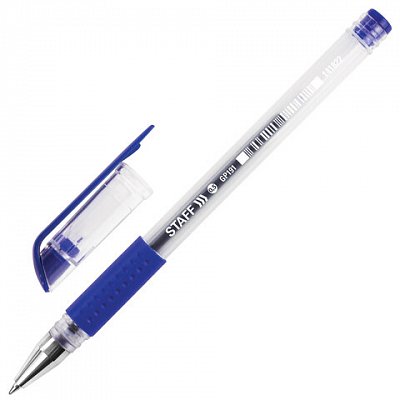 Ручка гелевая STAFF эконом, корпус прозрачный, резиновый держатель, синяя