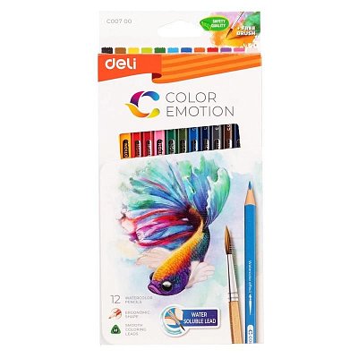 Карандаши цветные акварельные Deli Color Emotion трехгранные 12 цветов с кистью