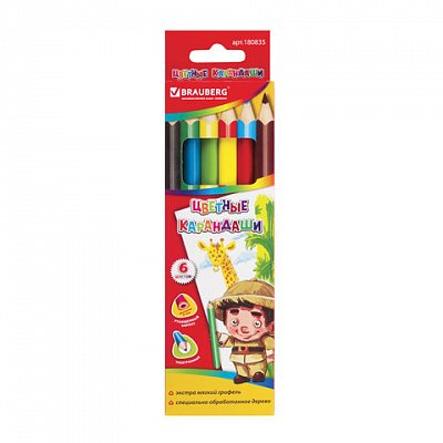 Карандаши цветные BRAUBERG, 6 цветов, утолщенные, трехгранные, картонная упаковка, с изображением мальчика