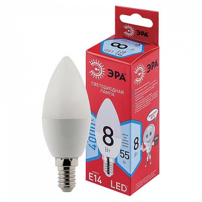 Лампа светодиодная ЭРА, 8(55)Вт, цоколь Е14, свеча, нейтральный белый, 25000 ч, LED B35-8W-4000-E14
