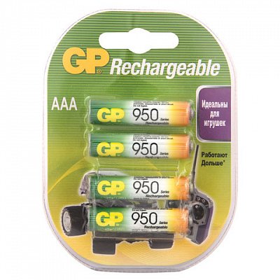 Батареи аккумуляторные GP, комплект 4 шт., AAA (R03), ёмкость 950 мАч, 1.2 В