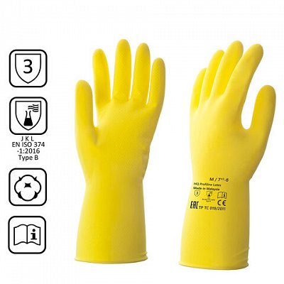 Перчатки латексные КЩС, прочные, хлопковое напыление, размер 7.5-8 M, средний, желтые, HQ Profiline