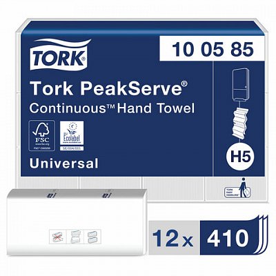 Полотенца бумажные листовые Tork PeakServe Н5 Universal Z-сложения 1- слойные (12 пачек по 410 листов) артикул производителя 100585