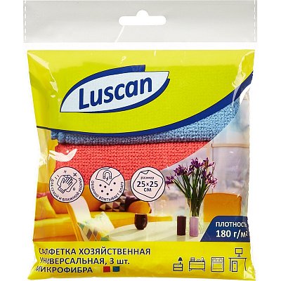 Салфетки хозяйственные Luscan микрофибра 25×25 см 3 штуки в упаковке