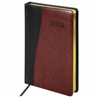 Ежедневник датированный 2024 А5 138×213 мм BRAUBERG «Cayman», под кожу, черный/коричневый