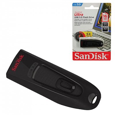 Флэш-диск SANDISK, 16 GB, Ultra, USB 3.0, скорость чтения/ записи - до 100/100 Мб/сек.