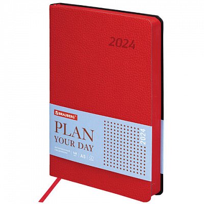 Ежедневник датированный 2024 А5 138×213 мм BRAUBERG «Stylish», под кожу, гибкий, красный