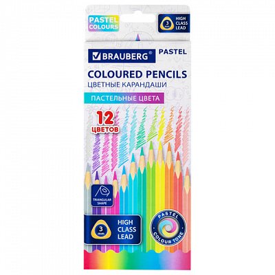 Карандаши цветные BRAUBERG PASTEL12 пастельных цветовтрёхгранныегрифель 3 мм181850