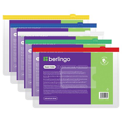 Папка-конверт на молнии Berlingo, A5, 150мкм, с карманом для визиток, прозрачная, ассорти