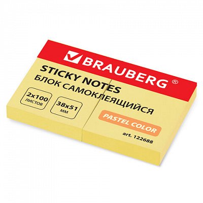 Блок самоклеящийся (стикер) BRAUBERG, 38×51 мм, 2×100 л., желтый