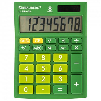 Калькулятор настольный BRAUBERG ULTRA-08-GN, КОМПАКТНЫЙ (154×115 мм), 8 разрядов, двойное питание, ЗЕЛЕНЫЙ