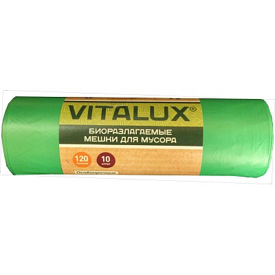 Мешки для мусора 120л КБ «VitaLux-био» биоразлагаемые, ПНД, 70×105см, 15мкм, 10шт., зеленые, в рулоне