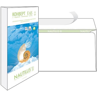 Конверт Nautilus, ЭКО,Е65(110х220мм),стрип, 80г/м2, 25шт/уп