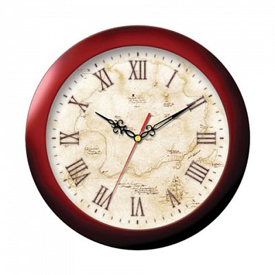 Часы настенные TROYKA 11131150, круг, бежевые с рисунком «Карта», коричневая рамка, 29×29×3.5 см