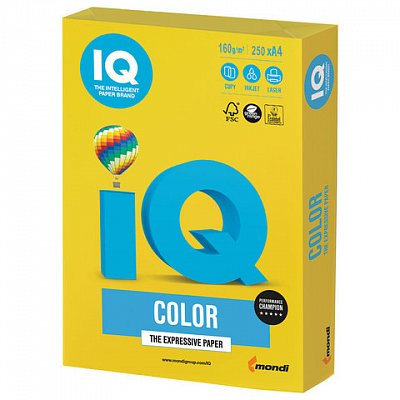 Бумага IQ color, А4, 160 г/м2, 250 л., интенсив, ярко-желтая, IG50