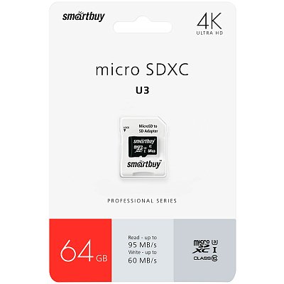 Карта памяти SmartBuy MicroSDXC 64GB PRO U3, Class 10, скорость чтения 95Мб/сек (с адаптером SD)