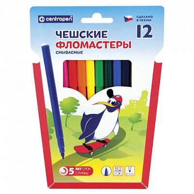 Фломастеры CENTROPEN, 12 цветов, «Пингвины», смываемые, вентилируемый колпачок, полибег