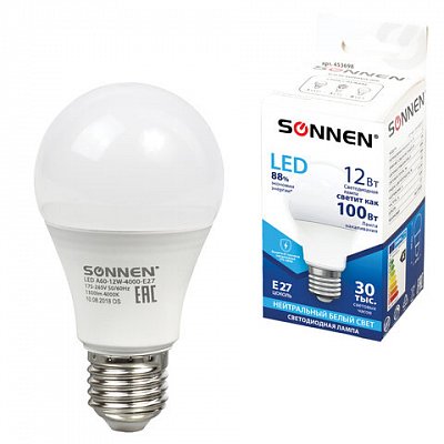 Лампа светодиодная SONNEN, 12 (100) Вт, цоколь Е27, грушевидная, холодный белый свет, LED A60-12W-4000-E27