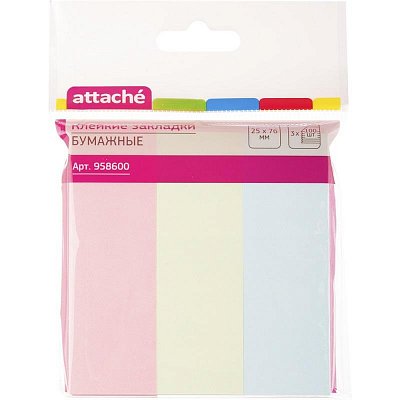 Клейкие закладки Attache бумажные 3 цвета по 100 листов 25×76 мм