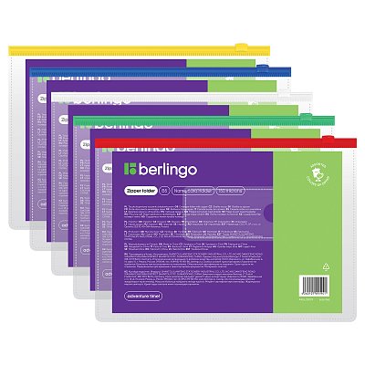 Папка-конверт на молнии Berlingo, В5, 150мкм, с карманом для визиток, прозрачная, ассорти