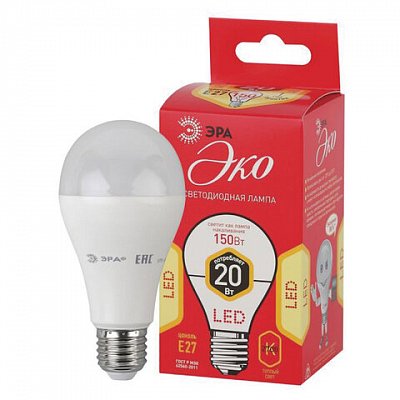 Лампа светодиодная ЭРА, 20(150)Вт, цоколь Е27, груша, теплый белый, 25000 ч, LED A65-20W-2700-E27