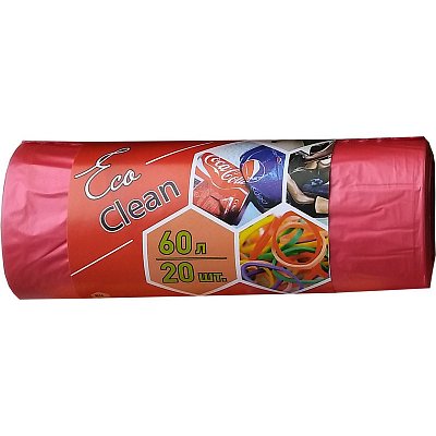 Мешки для мусора на 60 литров красные (10 мкм, в рулоне 20 штук, 58×68 см)