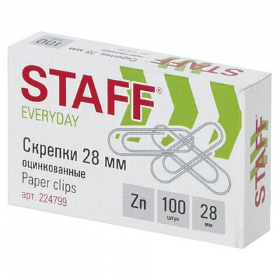 Скрепки STAFF эконом, 28 мм, оцинкованные, 100 шт., в картонной коробке,