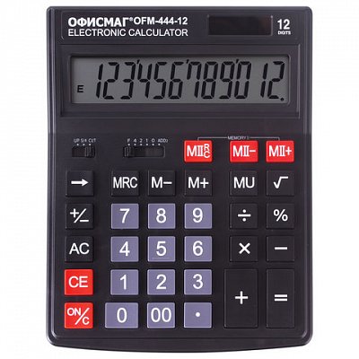 Калькулятор настольный ОФИСМАГ OFM-444 (199×153 мм), 12 разрядов, двойное питание, ЧЕРНЫЙ