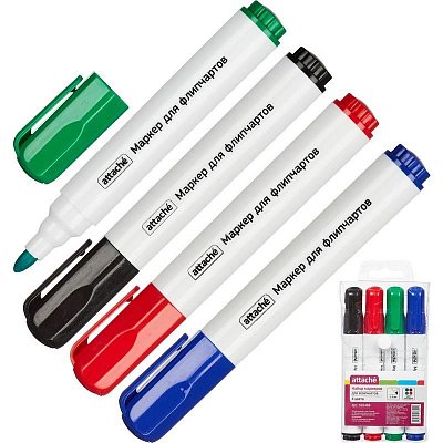 Набор маркеров для бумаги для флипчартов Attache 4 цвета (толщина линии 2-3мм) крыглый наконечник