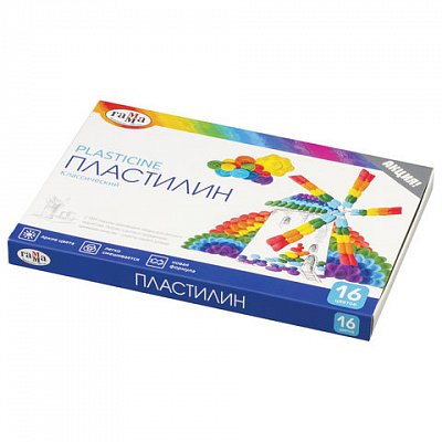 Пластилин классический ГАММА «Классический», 16 цветов, 320 г, со стеком, картонная упаковка