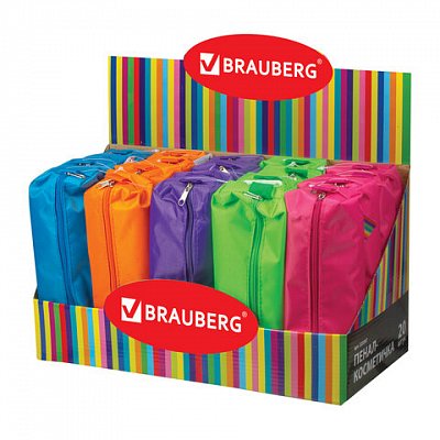 Пенал-косметичка BRAUBERG, ассорти 5 цветов, «Радуга», 20×6×4 см, дисплей
