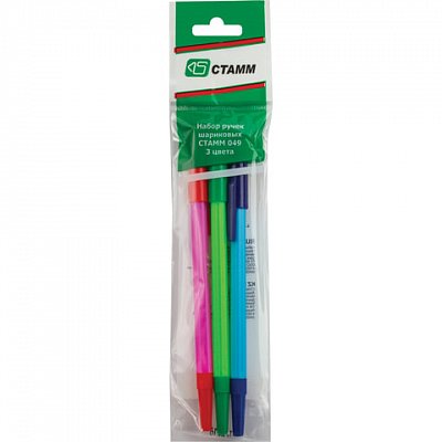 Ручки шариковые СТАММ «049», набор 3 шт., толщина письма 1 мм, европодвес (синяя, красная, зеленая)