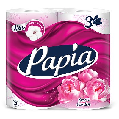 Бумага туалетная Papia «Secret Garden», 3-слойная, 4шт., ароматизир., розов. тиснение, белый