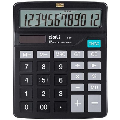 Калькулятор настольн. КОМПАКТ. Deli E837.12р, дв. питание, 148×120мм, черный