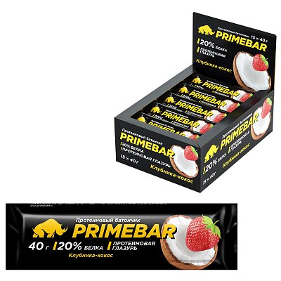 Батончик протеиновый PRIMEBAR со вкусом клубники и кокоса, 40г, 15шт/уп