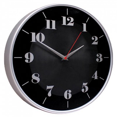 Часы настенные TROYKA 77777740, круг, черные, серебристая рамка, 30.5×30.5×5 см
