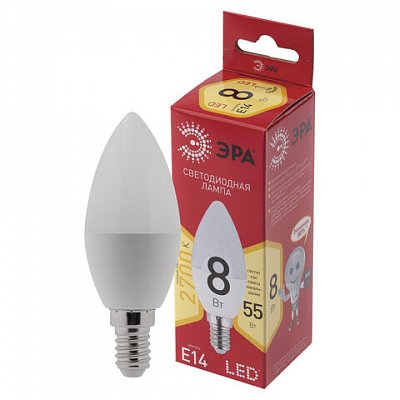 Лампа светодиодная ЭРА, 8(55)Вт, цоколь Е14, свеча, теплый белый, 25000 ч, LED B35-8W-2700-E14