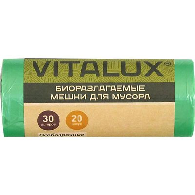 Мешки для мусора VitaLux Bio 30 л зеленые (ПНД, 10 мкм, 20 штук в рулоне, 48×58 см)
