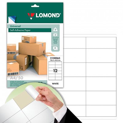 Этикетка самоклеящаяся LOMOND на листе формата А4, 12 этикеток, размер 105×48 мм, белая, 50 л. 