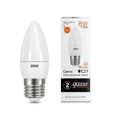 Лампа светодиодная Gauss LED Elementary 8 Вт E27 свеча 3000 K теплый белый свет