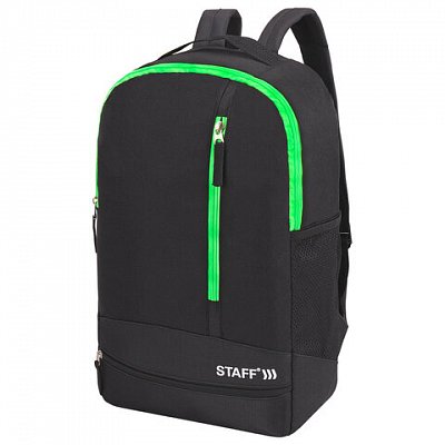 Рюкзак STAFF STRIKE универсальный, 3 кармана, черный с салатовыми деталями, 45×27х12 см