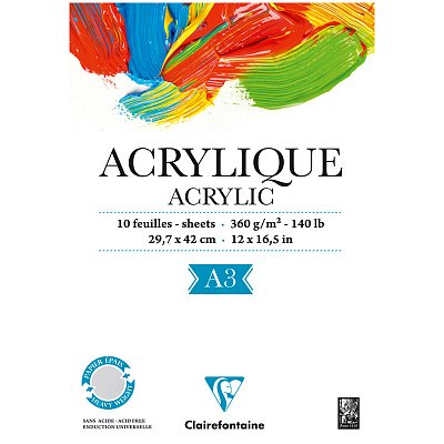 Альбом для акрила 10л., А3, на склейке Clairefontaine «Acrylic», 360г/м2