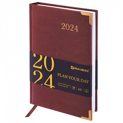 Ежедневник датированный 2024 А5 138×213 мм BRAUBERG «Senator», под кожу, коричневый