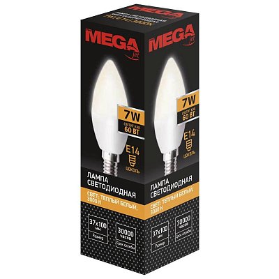 Лампа светодиодная Mega E14 7W свеча 3000K теплый белый свет