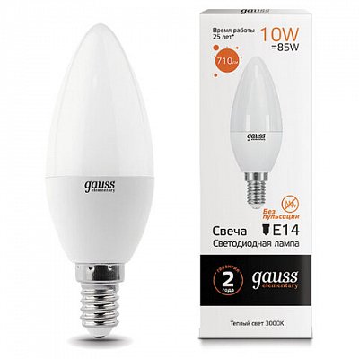Лампа светодиодная GAUSS, 10(85)Вт, цоколь Е14, свеча, теплый белый, 25000 ч, LED B37-10W-3000-E14