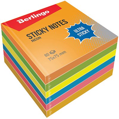 Самоклеящийся блок Berlingo «Ultra Sticky», 75×75мм, 6×80 листов, 6 неоновых цветов