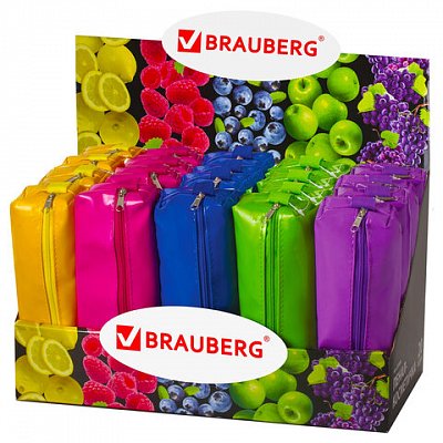 Пенал-косметичка BRAUBERG, под искусственную кожу, ассорти 5 цветов, «Блеск», 20×6×4 см, дисплей