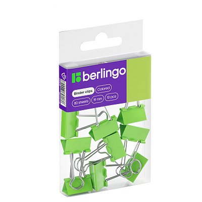 Зажимы для бумаг 19мм, Berlingo 10 шт, цветные, ПВХ упак., европодвес, зеленые